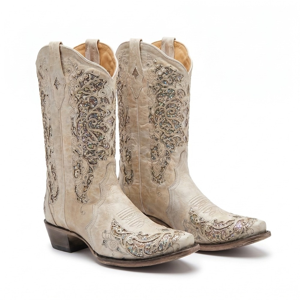 Corral Cowgirl Boots Womens Sz 12 White Glitter Crystal Bridal Coastal A3322